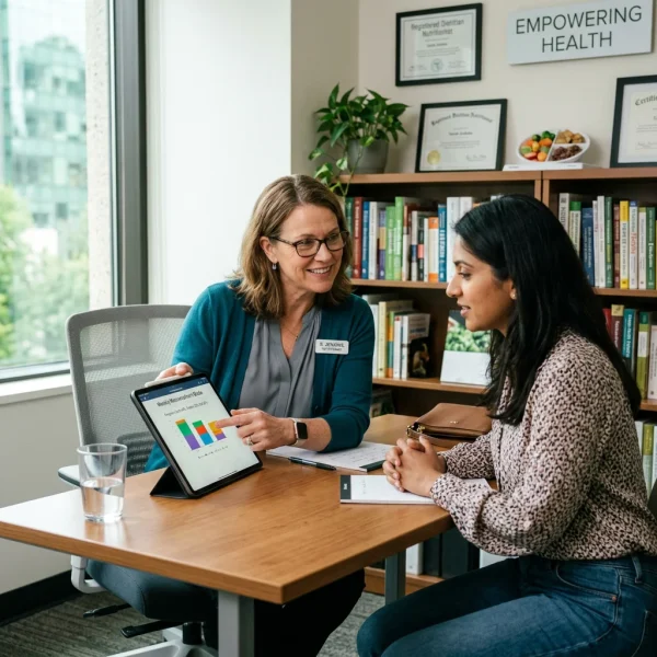 create a nutritionist talking to a client pointing tablet